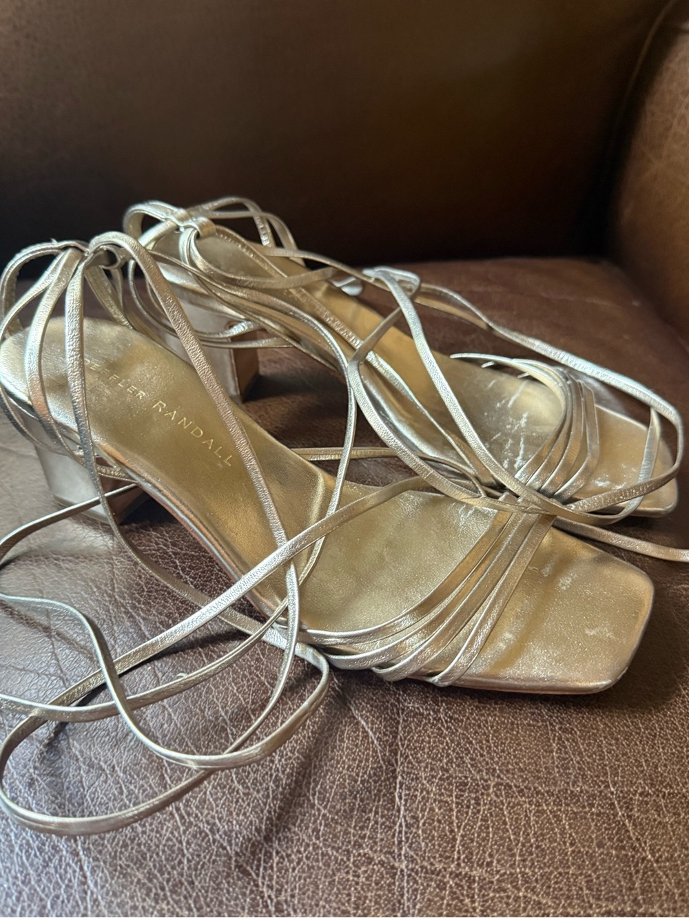 Loeffler Randall Gold Metallic Leather Lace Up Block Heel Sandals Size 5.5